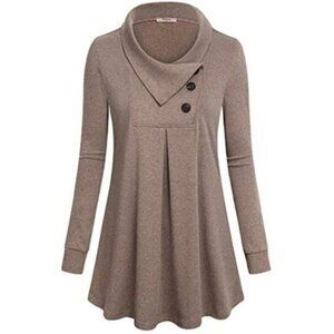 Timeson Size S Brown Long Sleeve Button Lapel Collar Flared Cozy Tunic Blouse